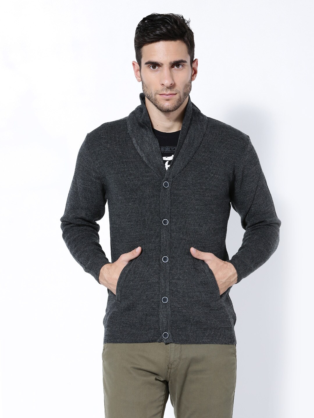 Wills Lifestyle Men Charcoal Grey Cardigan