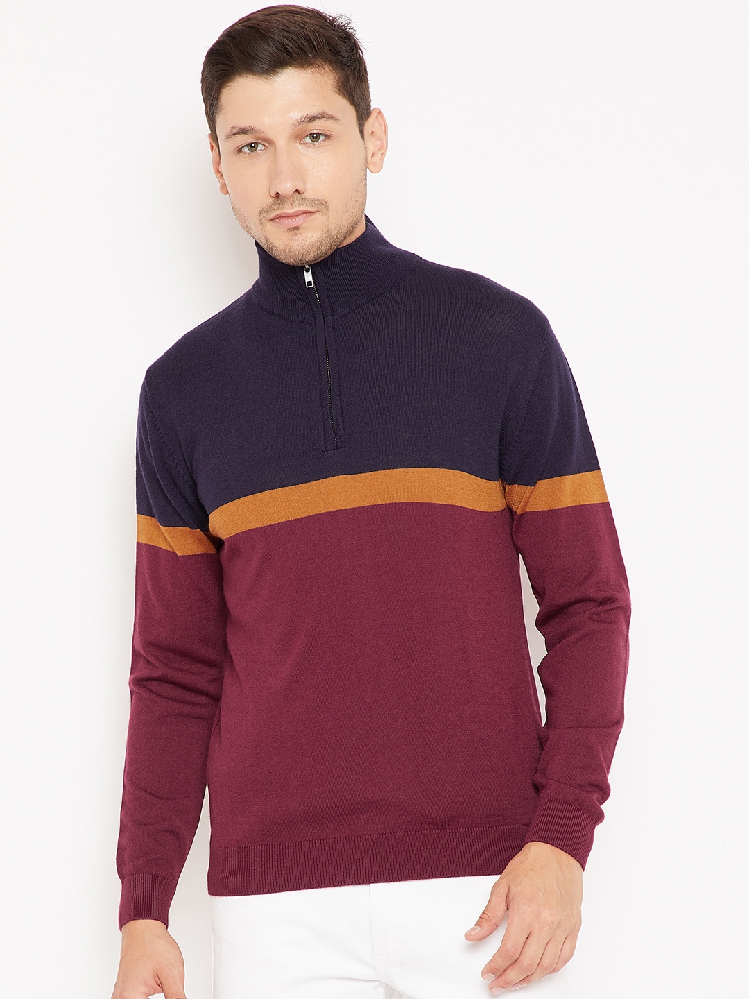 Wills Lifestyle Men Navy Blue  Maroon Colourblocked Pullover