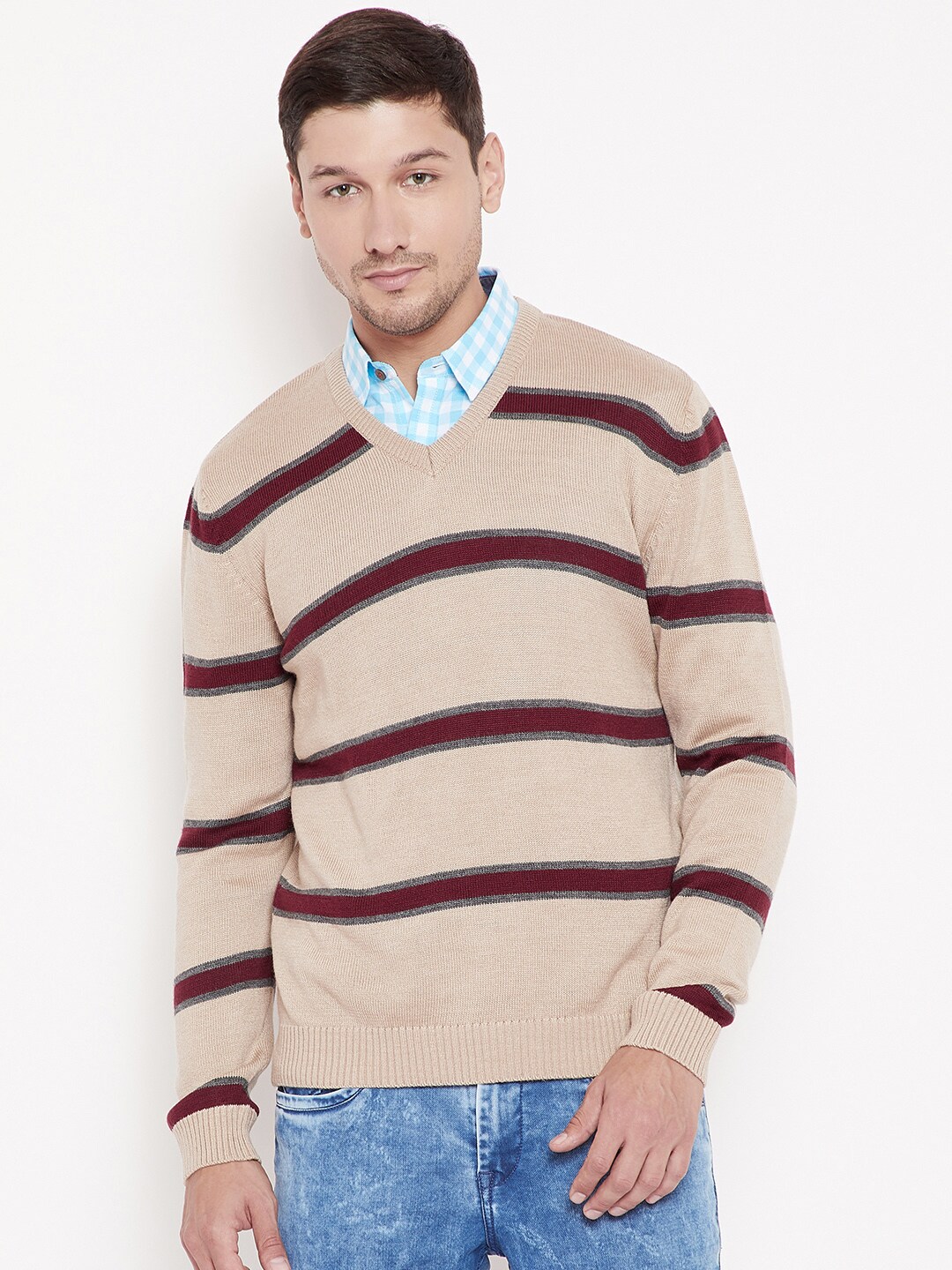 Wills Lifestyle Men Beige  Maroon Striped Pullover