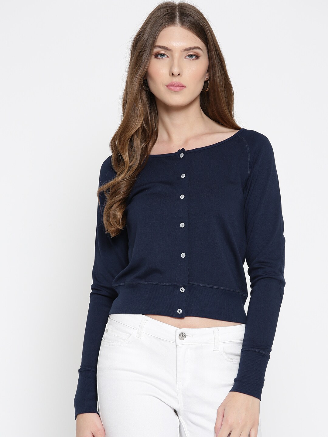 Wills Lifestyle Women Navy Blue Solid Crop Cardigan