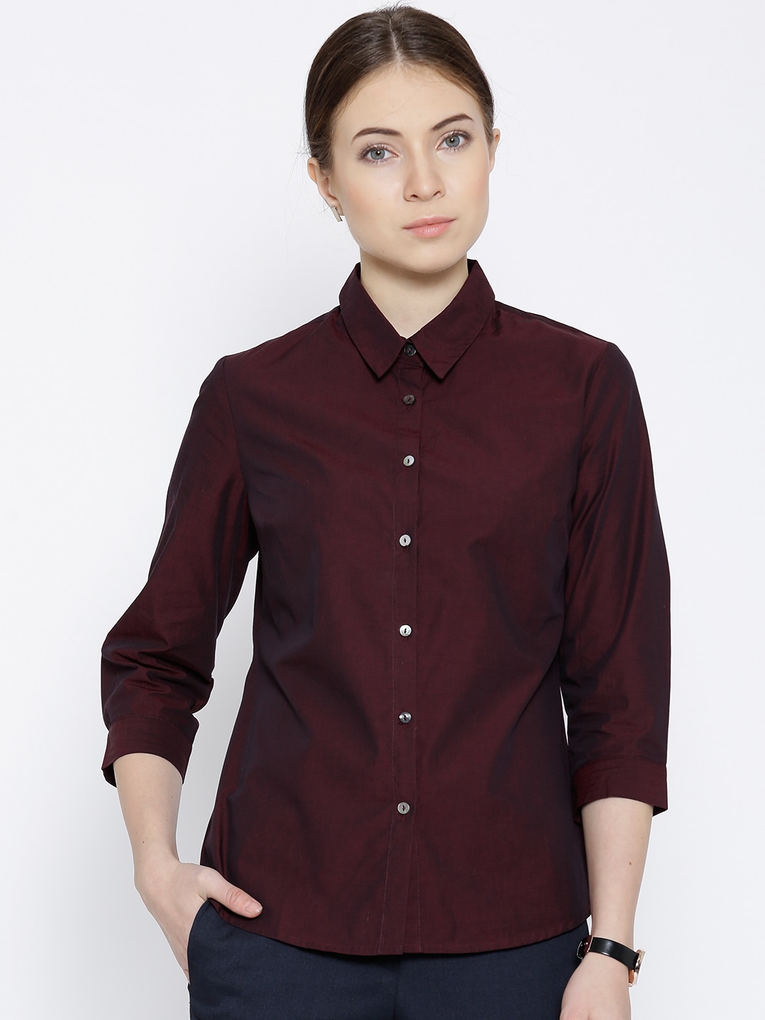 Wills Lifestyle Burgundy Dual-Toned Formal Shirt