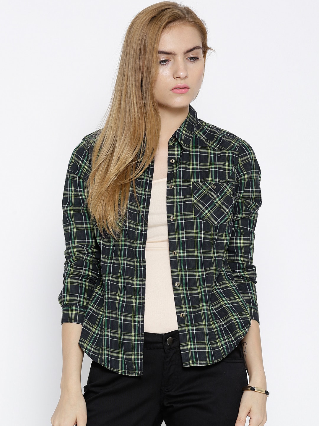 Wills Lifestyle Green Checked Casual Shirt