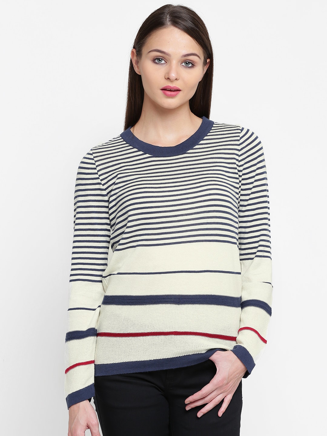 Wills Lifestyle Women Off-White  Navy Striped Top