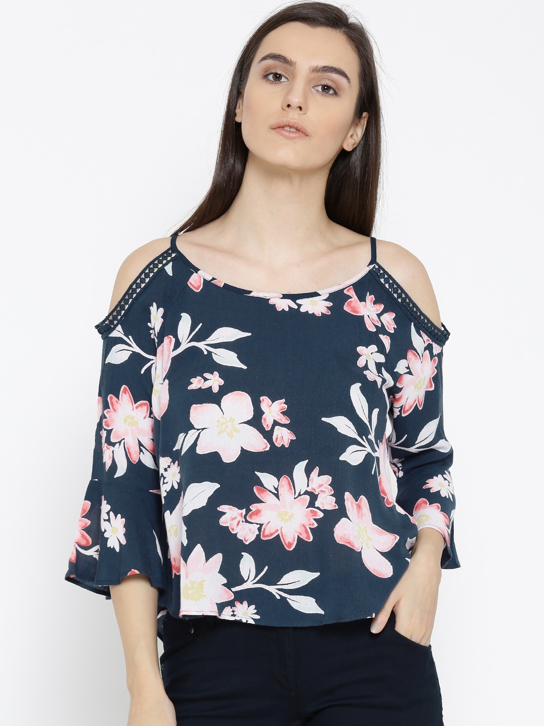 Wills Lifestyle Women Navy Floral Print Cold Shoulder A-Line Top