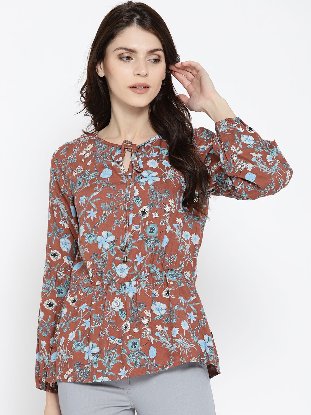 Wills Lifestyle Women Brown Printed Cinched Waist Top