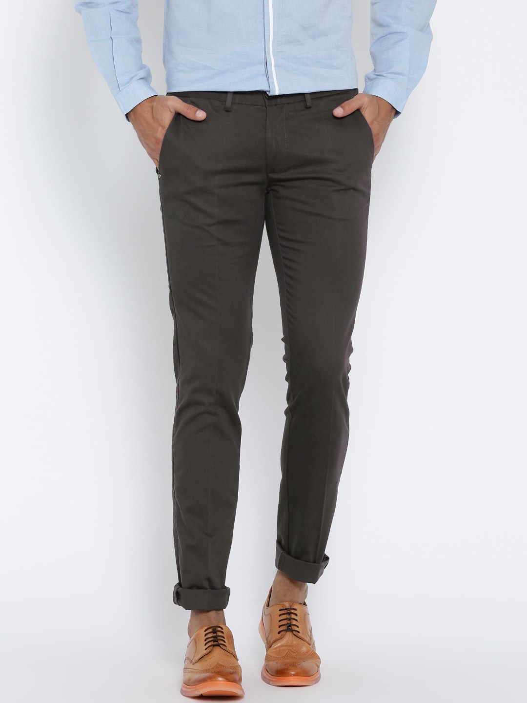 Wills Lifestyle Taupe Skinny Fit Casual Trousers