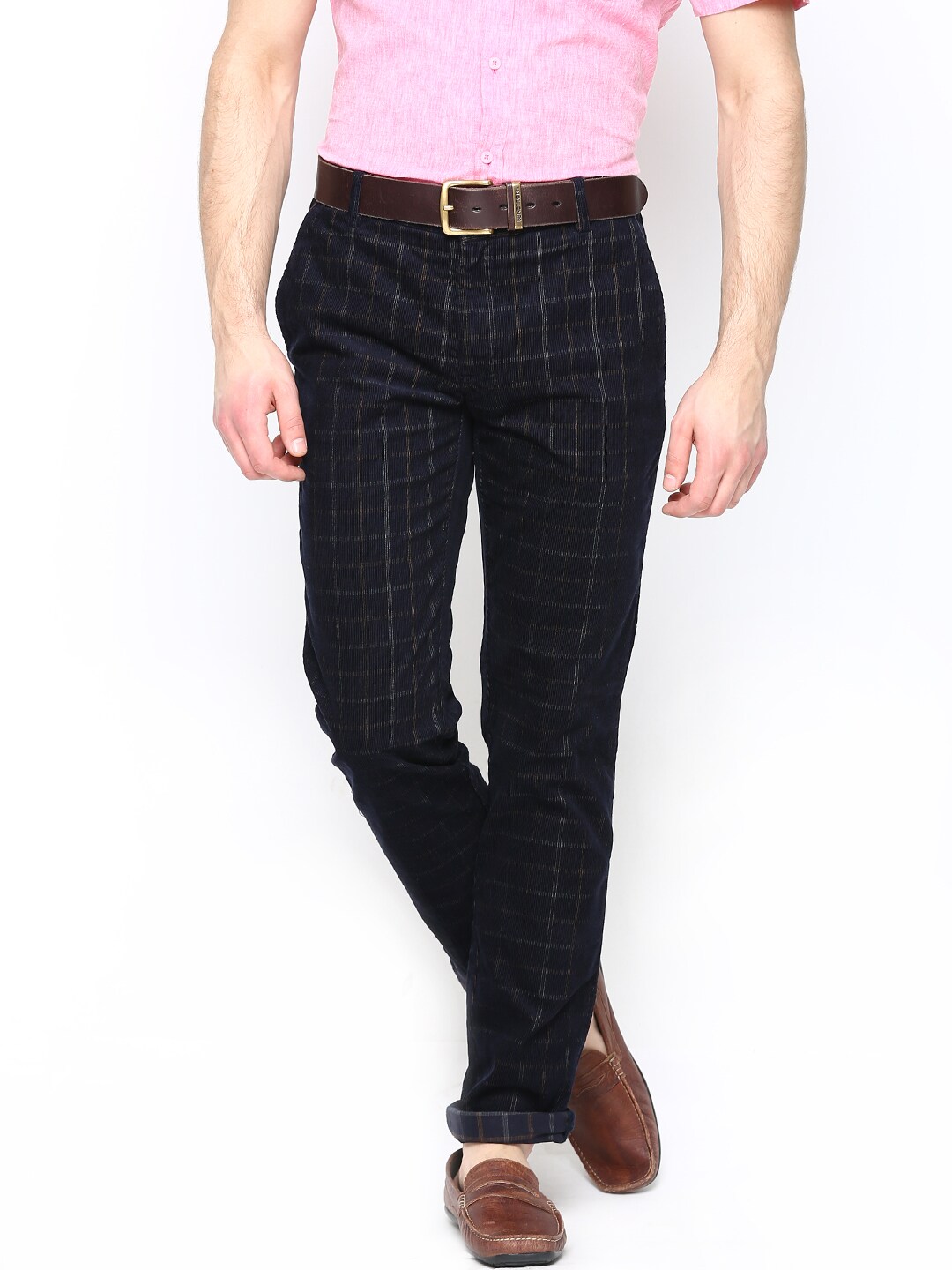 Wills Lifestyle Men Navy Checked Skinny Fit Corduroy Trousers