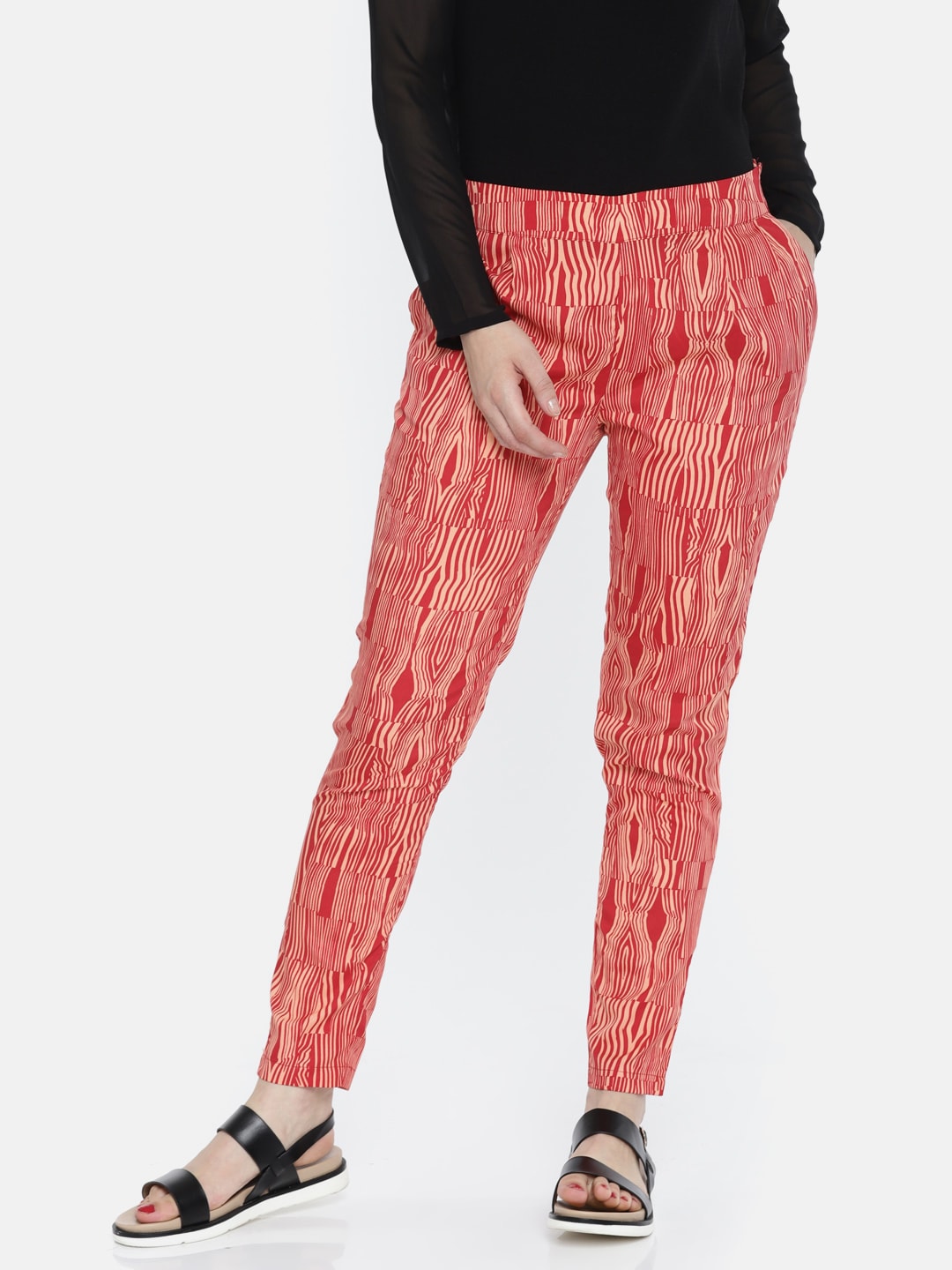 Wills Lifestyle Red  Beige Printed Trousers