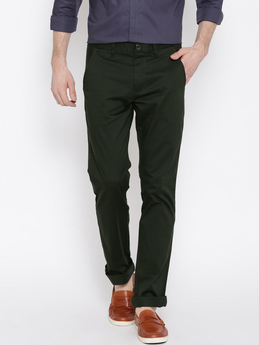 Wills Lifestyle Olive Green Slim Casual Trousers