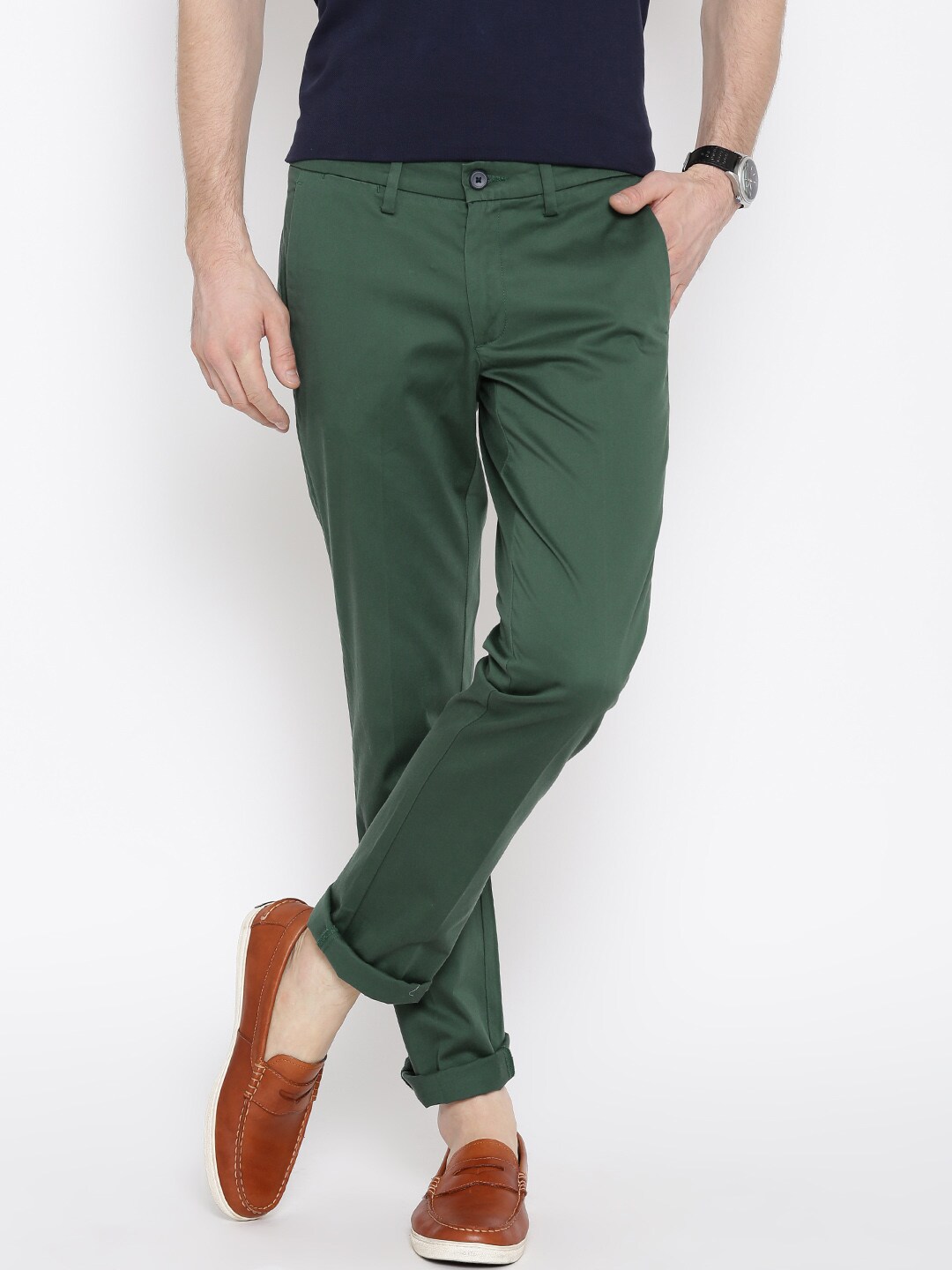 Wills Lifestyle Men Dark Green Skinny Casual Trousers