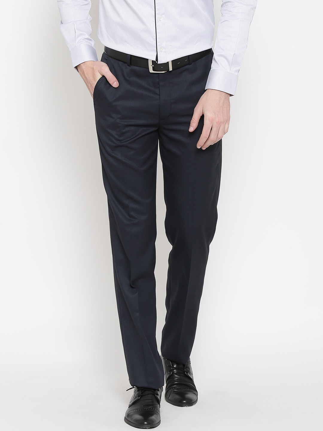 Wills Lifestyle Men Navy Flat-Front Formal Trousers