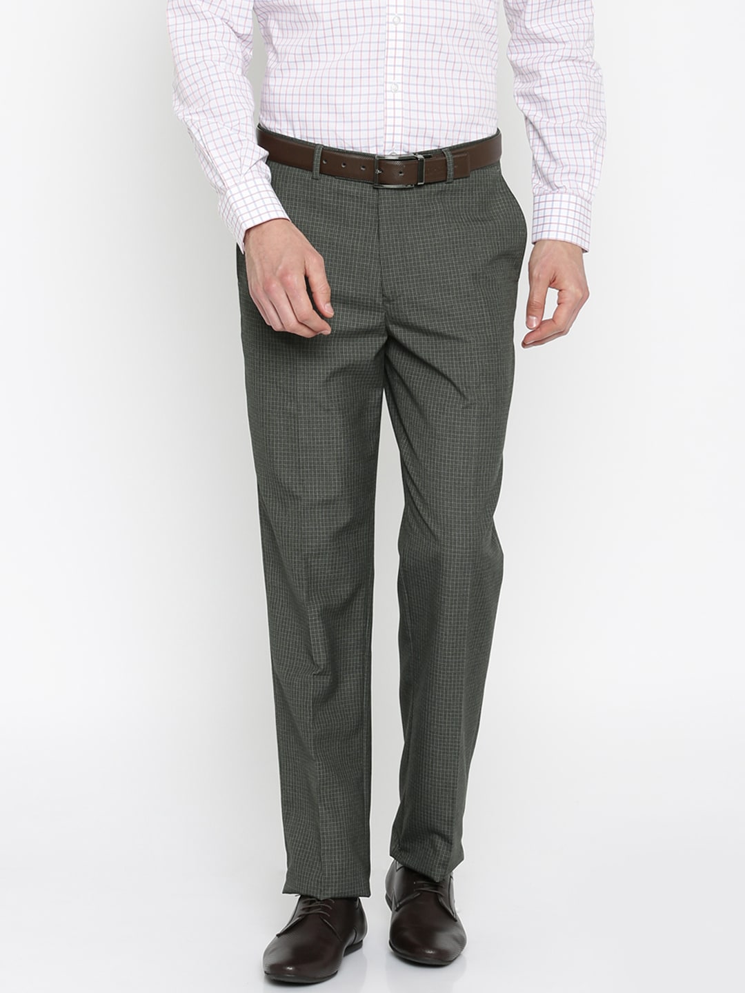 Wills Lifestyle Men Grey Checked Regular Fit Formal Trousers