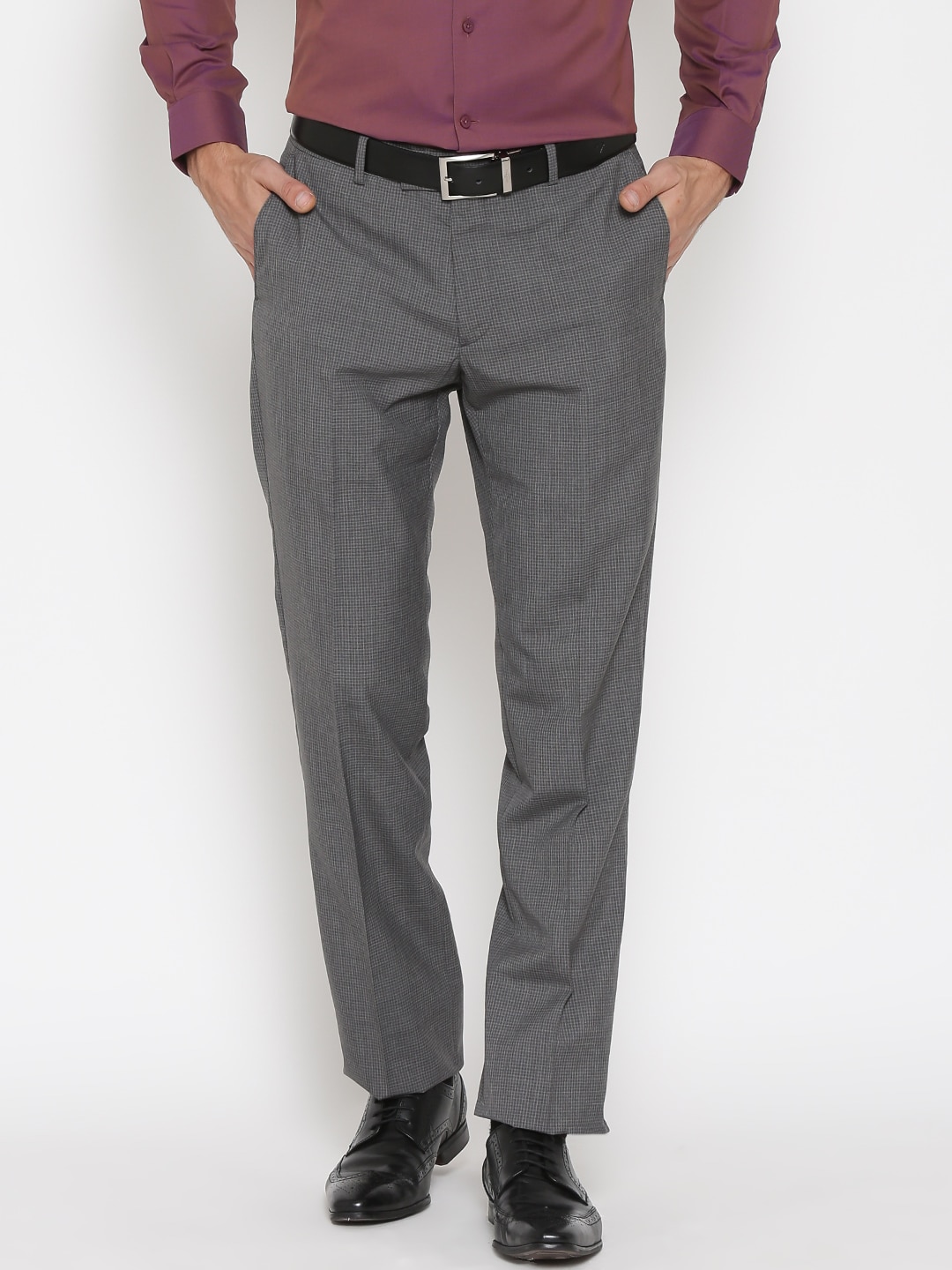 Wills Lifestyle Men Grey Checked Slim Fit Flat-Front Formal Trousers