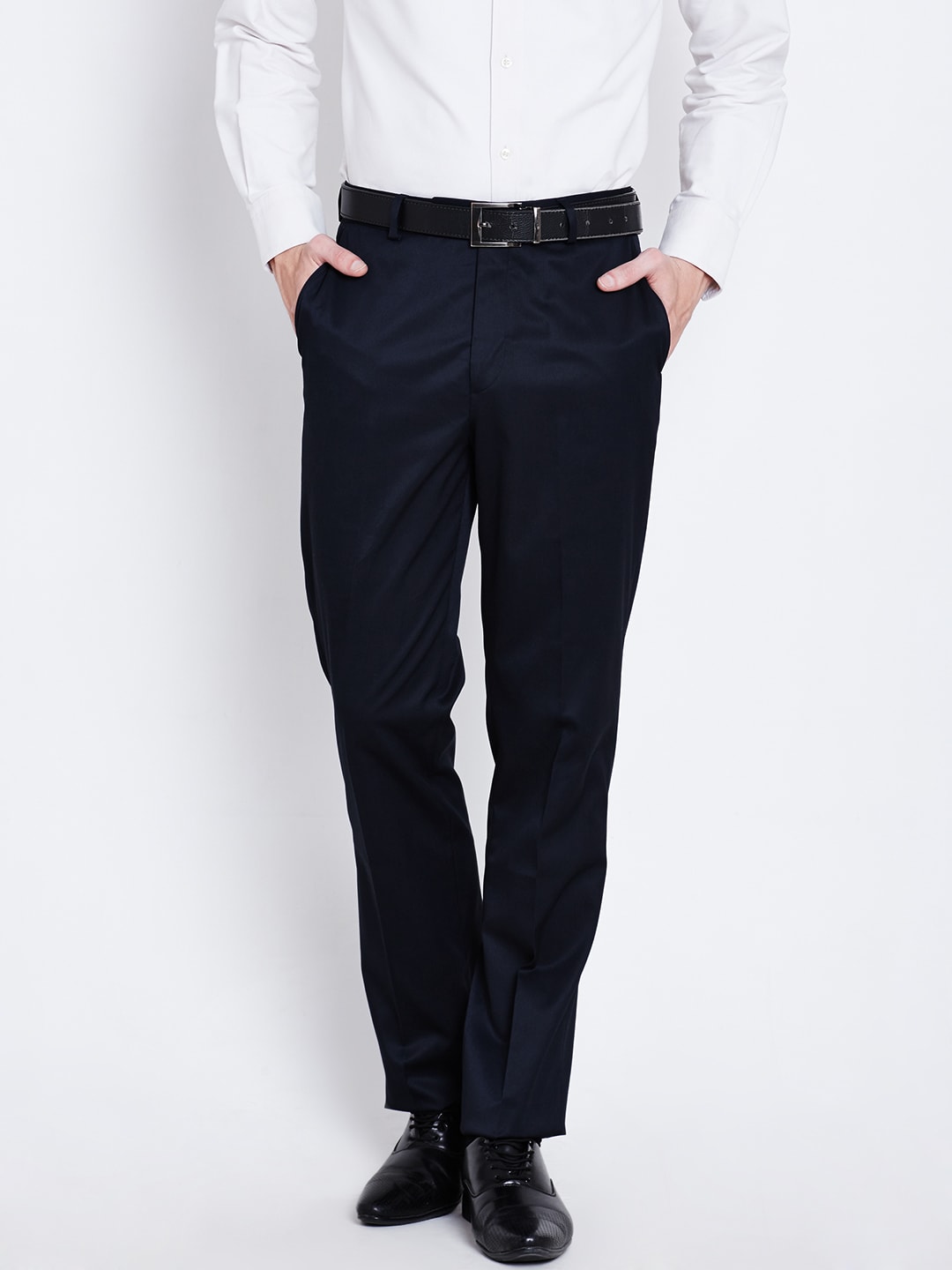 Wills Lifestyle Men Navy Solid Flat-Front Formal Trousers