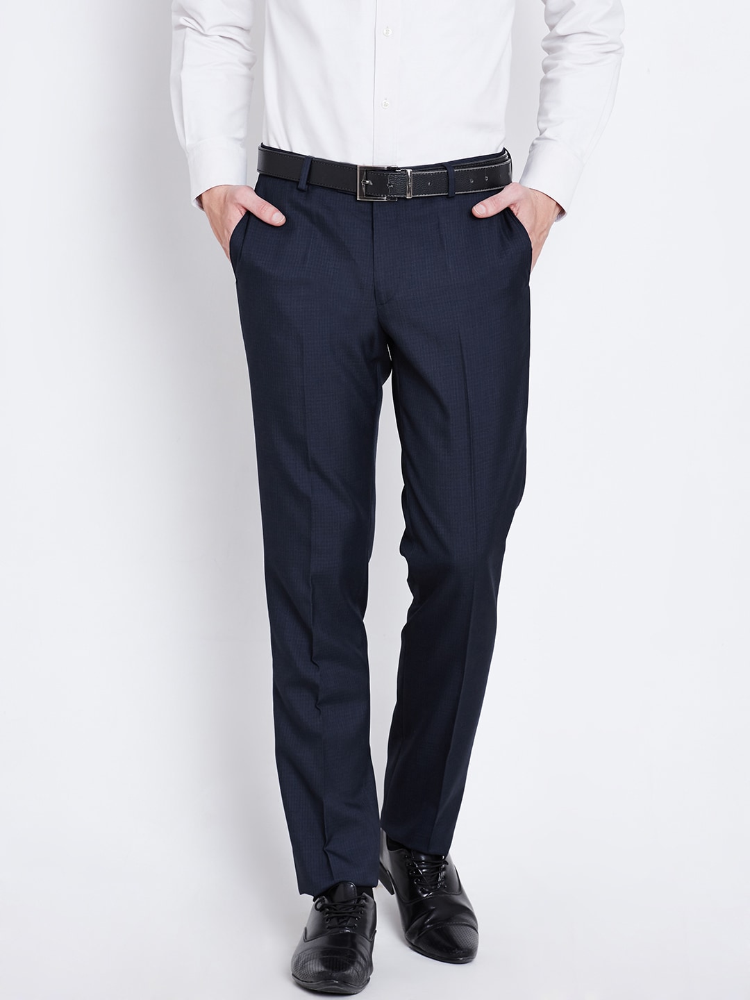 Wills Lifestyle Men Navy Solid Slim Flat-Front Formal Trousers