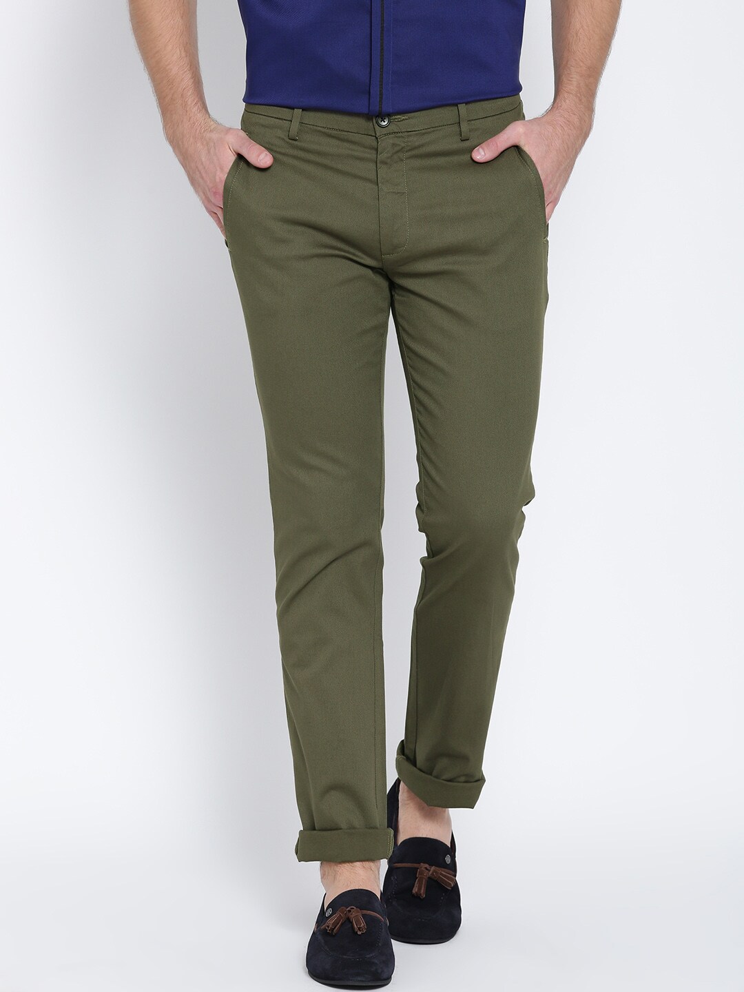 Wills Lifestyle Men Olive Green Solid Slim Fit Flat-Front Trousers