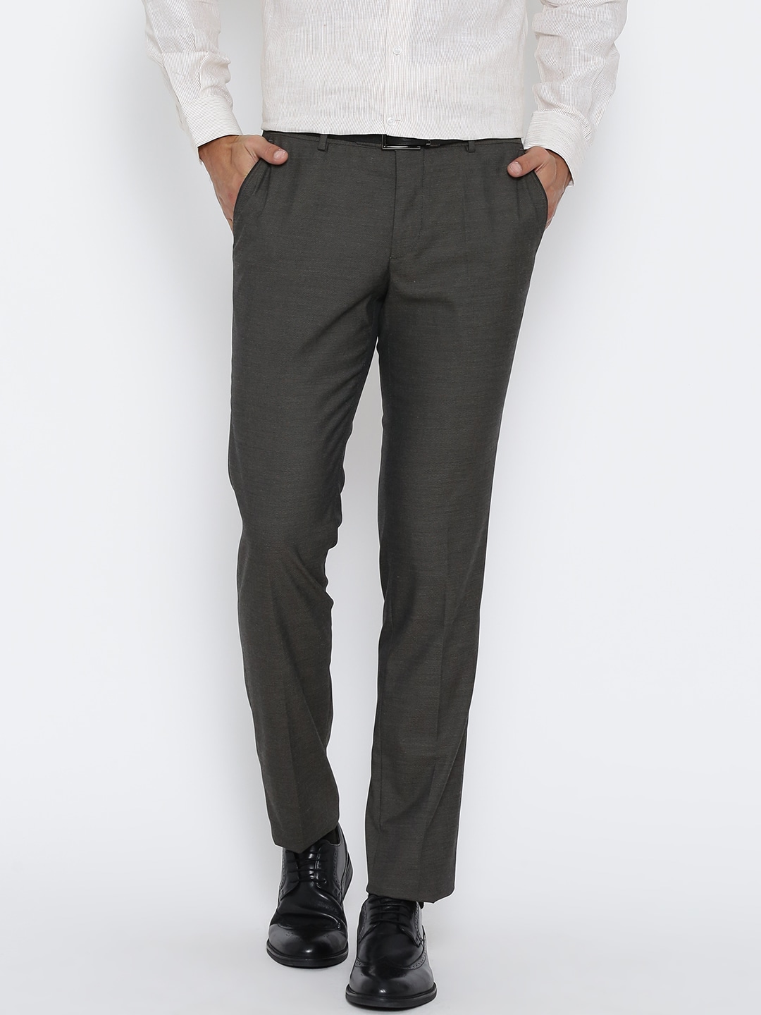 Wills Lifestyle Men Grey Solid Skinny Fit Flat-Front Formal Trousers