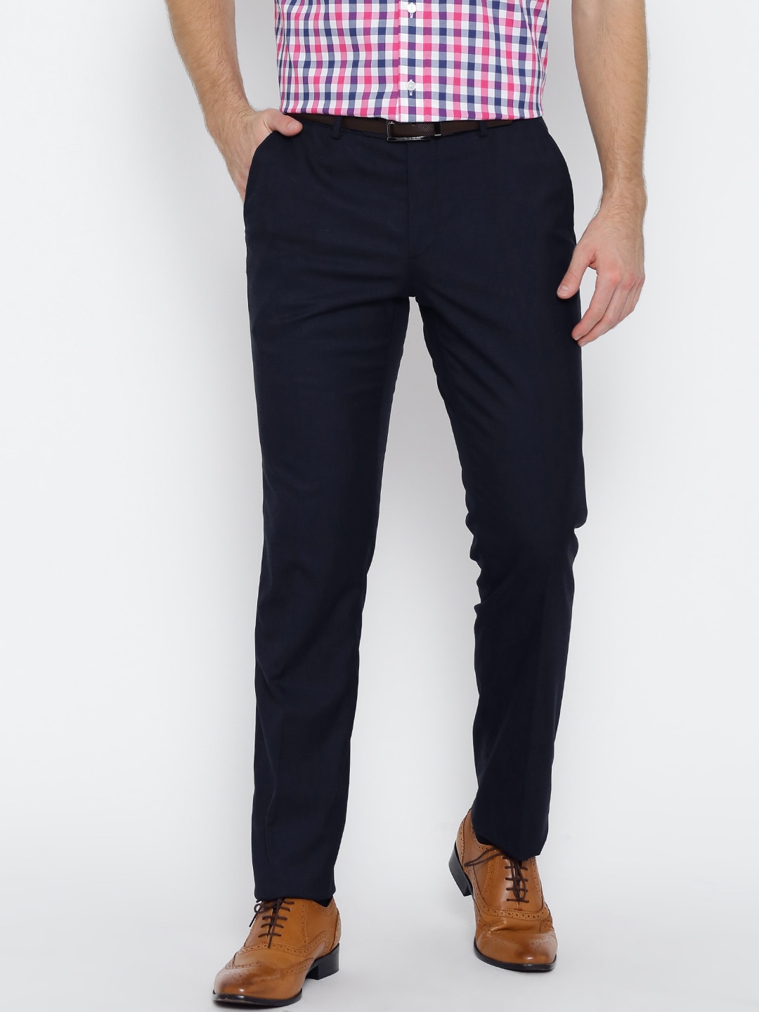 Wills Lifestyle Men Navy Solid Skinny Fit Flat-Front Smart Casual Trousers