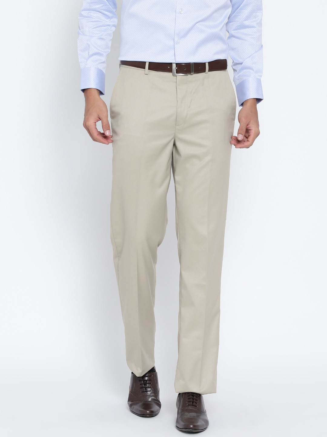 Wills Lifestyle Men Beige Solid Formal Flat-Front Trousers