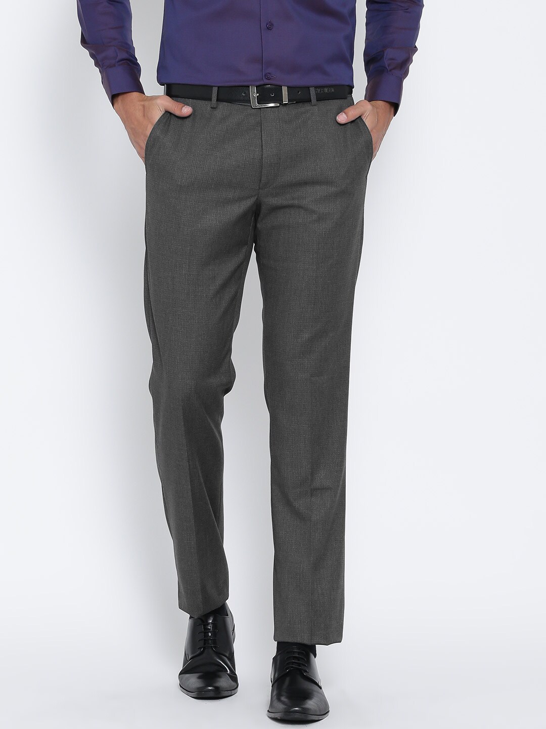 Wills Lifestyle Men Grey Self-Design Slim Fit Flat-Front Formal Trousers