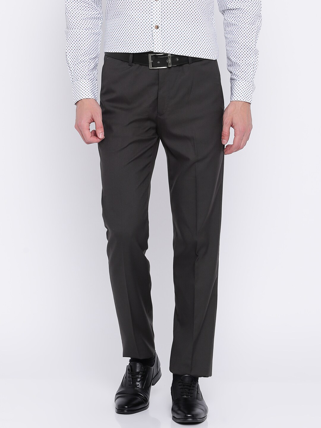 Wills Lifestyle Men Charcoal Grey Solid Slim Fit Flat-Front Formal Trousers