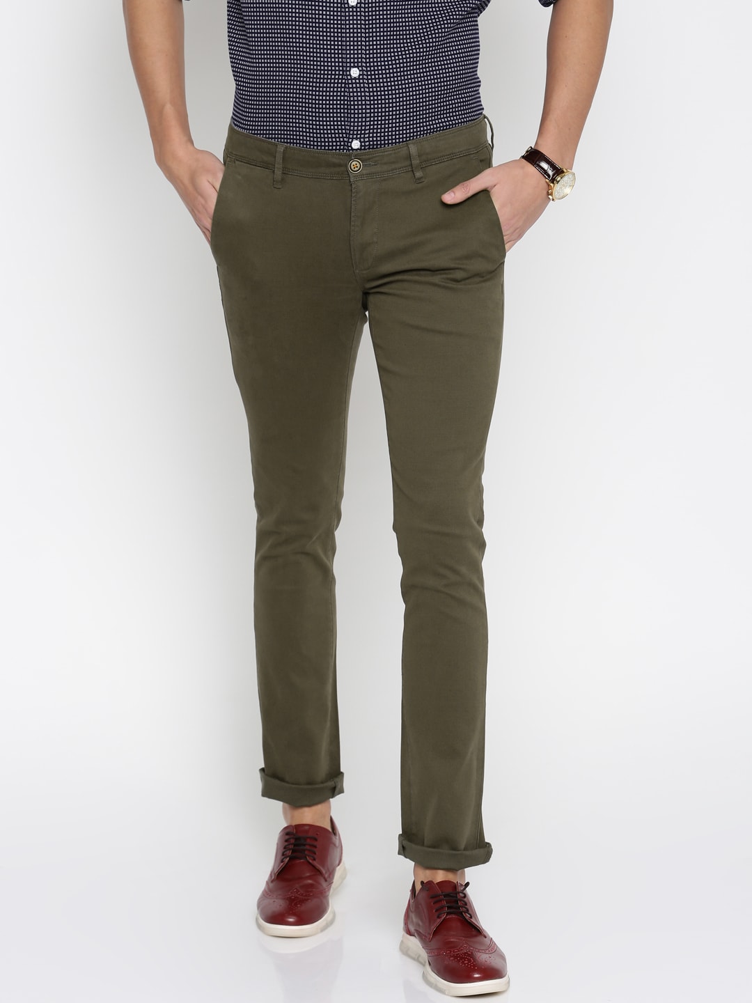 Wills Lifestyle Men Olive Solid Skinny Fit Chinos