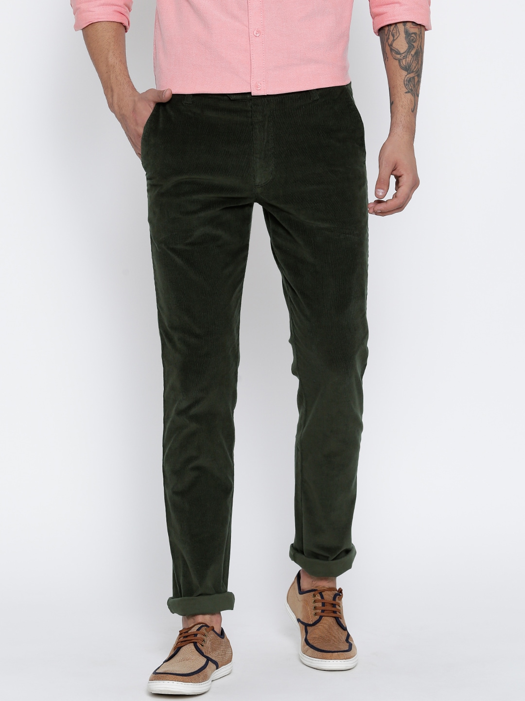 Wills Lifestyle Men Olive Green Solid Slim Flat-Front Corduroy Trousers