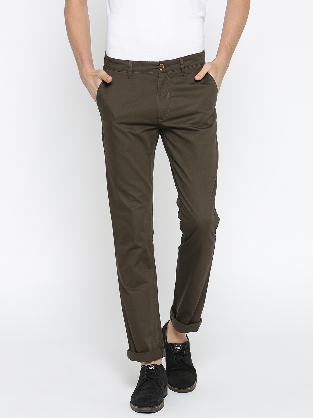 Wills Lifestyle Men Olive Solid Slim Fit Chinos