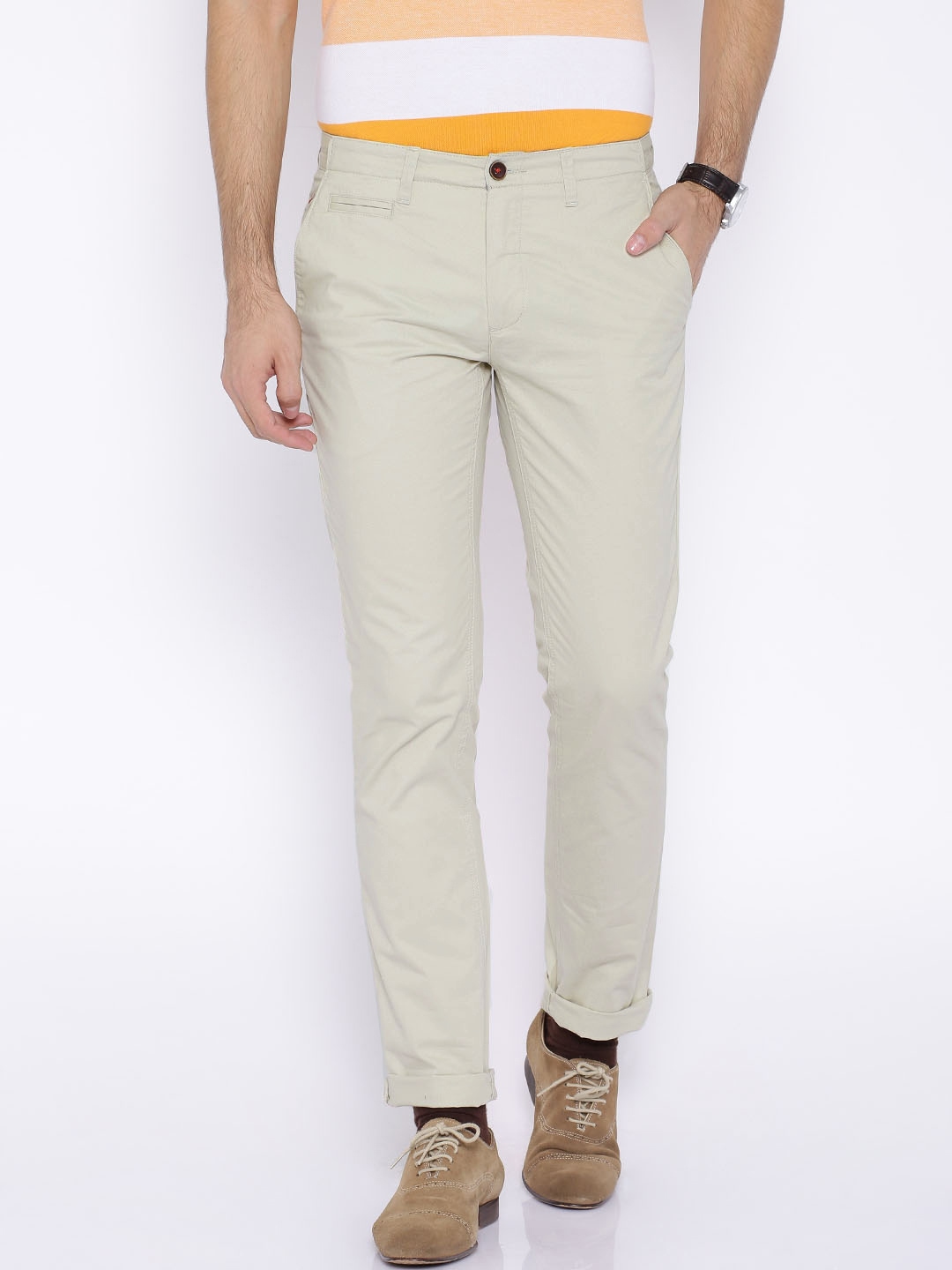 Wills Lifestyle Off-White Skinny Fit Casual Trousers