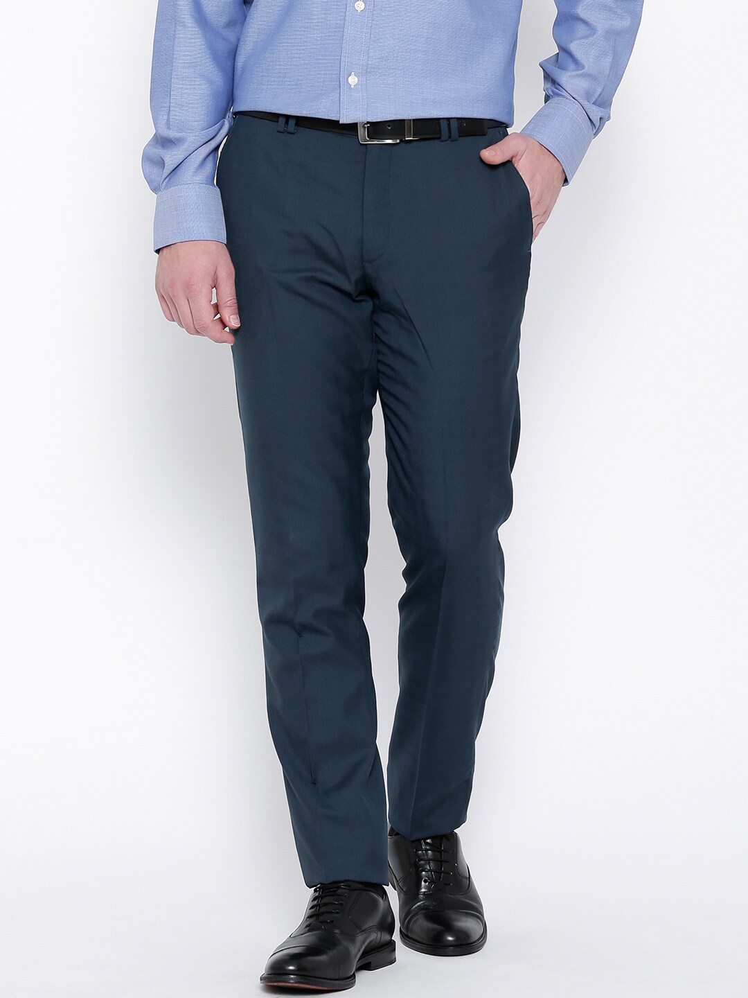 Wills Lifestyle Teal Blue Skinny Formal Trousers