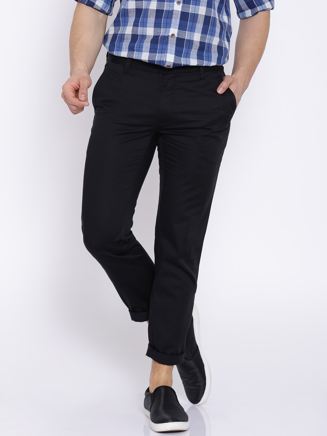 Buy Wills Lifestyle Men Navy Blue Slim Fit Solid Formal Trousers - Trousers  for Men 2200345 | Myntra