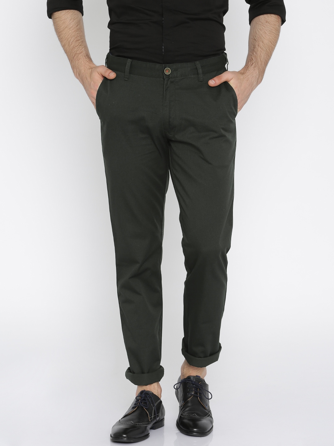 Wills Lifestyle Men Dark Green Slim Fit Printed Flat-Front Trousers