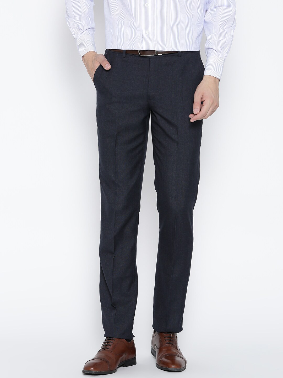 Wills Lifestyle Men Navy Slim Fit Solid Formal Trousers