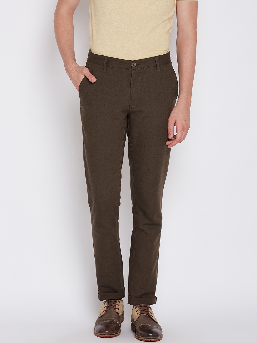 Wills Lifestyle Men Olive Brown Slim Fit Solid Trousers