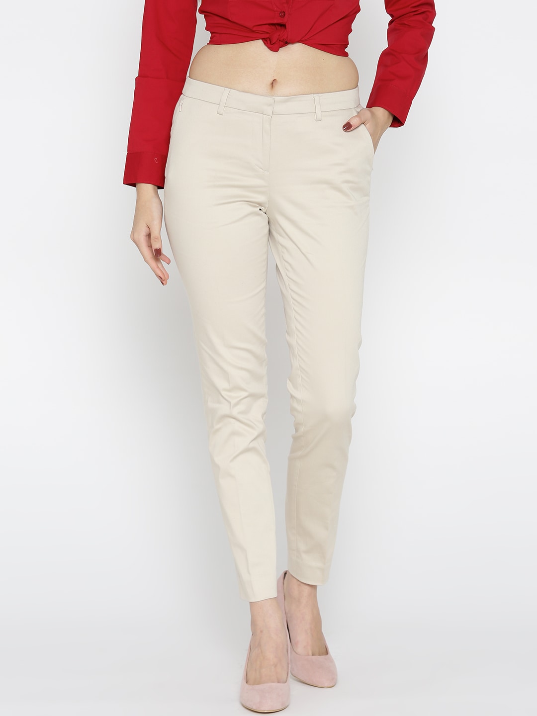 Wills Lifestyle Women Beige Solid Formal Trousers