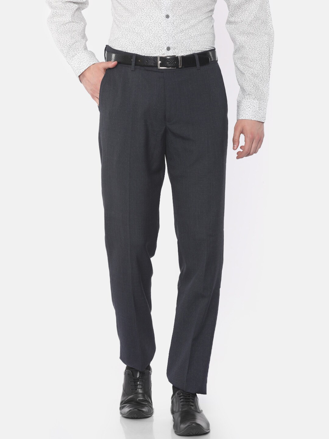 Wills Lifestyle Men Charcoal Grey Slim Fit Self-Checked Formal Trousers