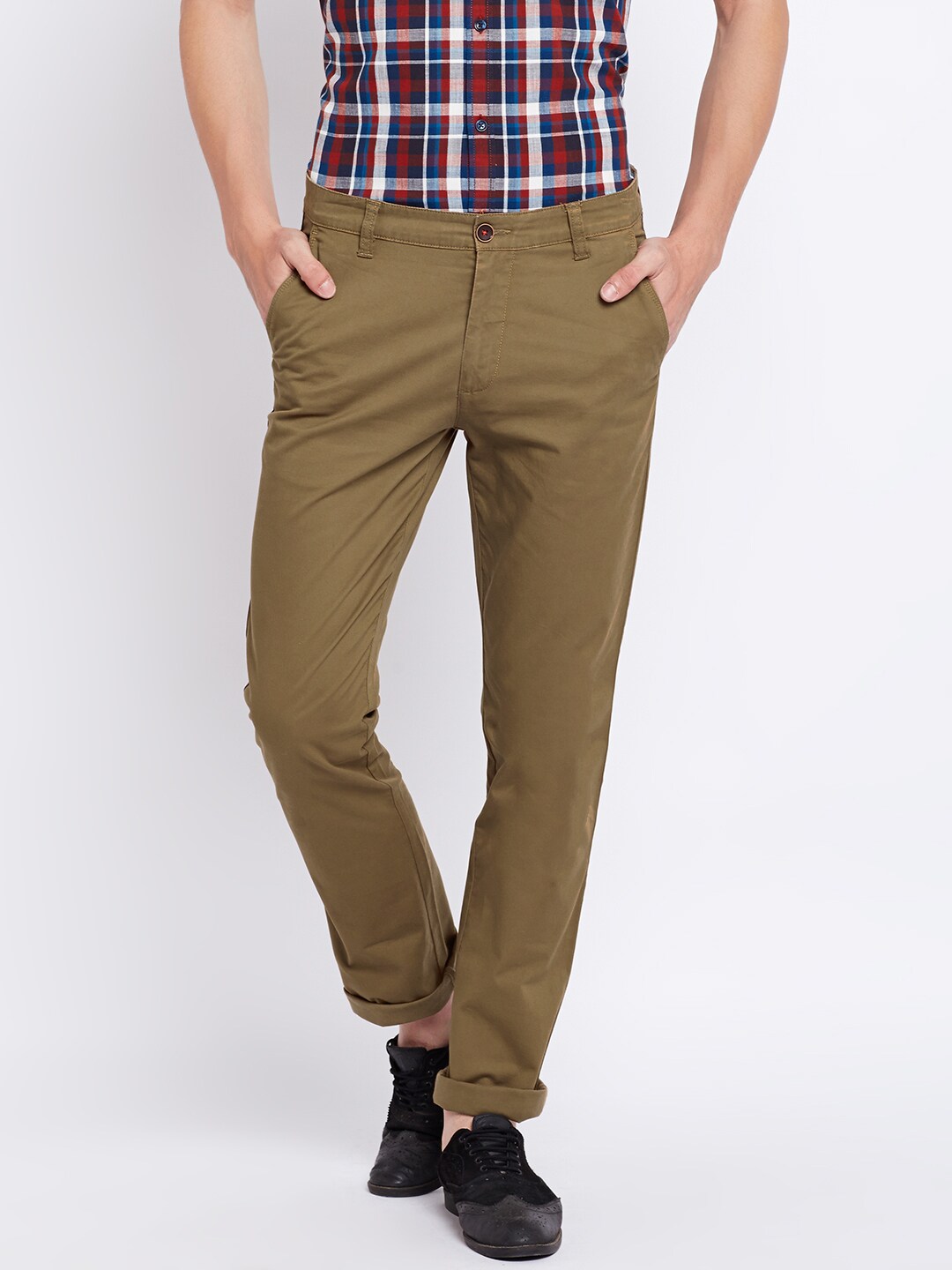 Wills Lifestyle Men Olive Brown Slim Fit Solid Trousers