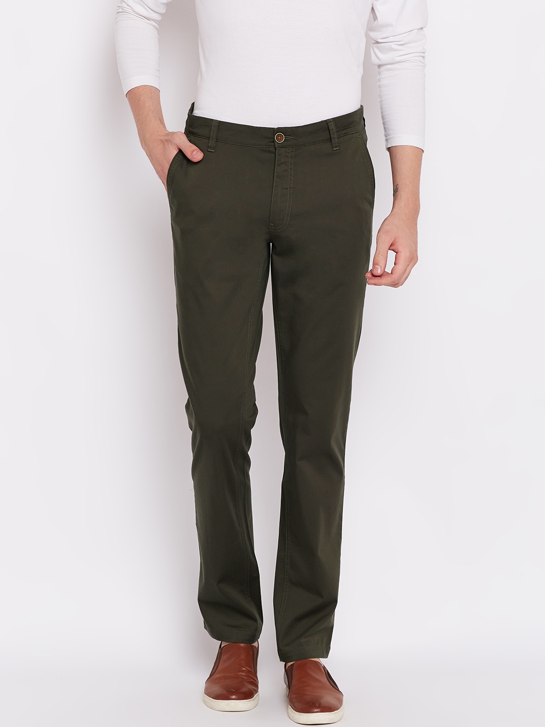 Wills Lifestyle Men Olive Green Slim Fit Solid Trousers