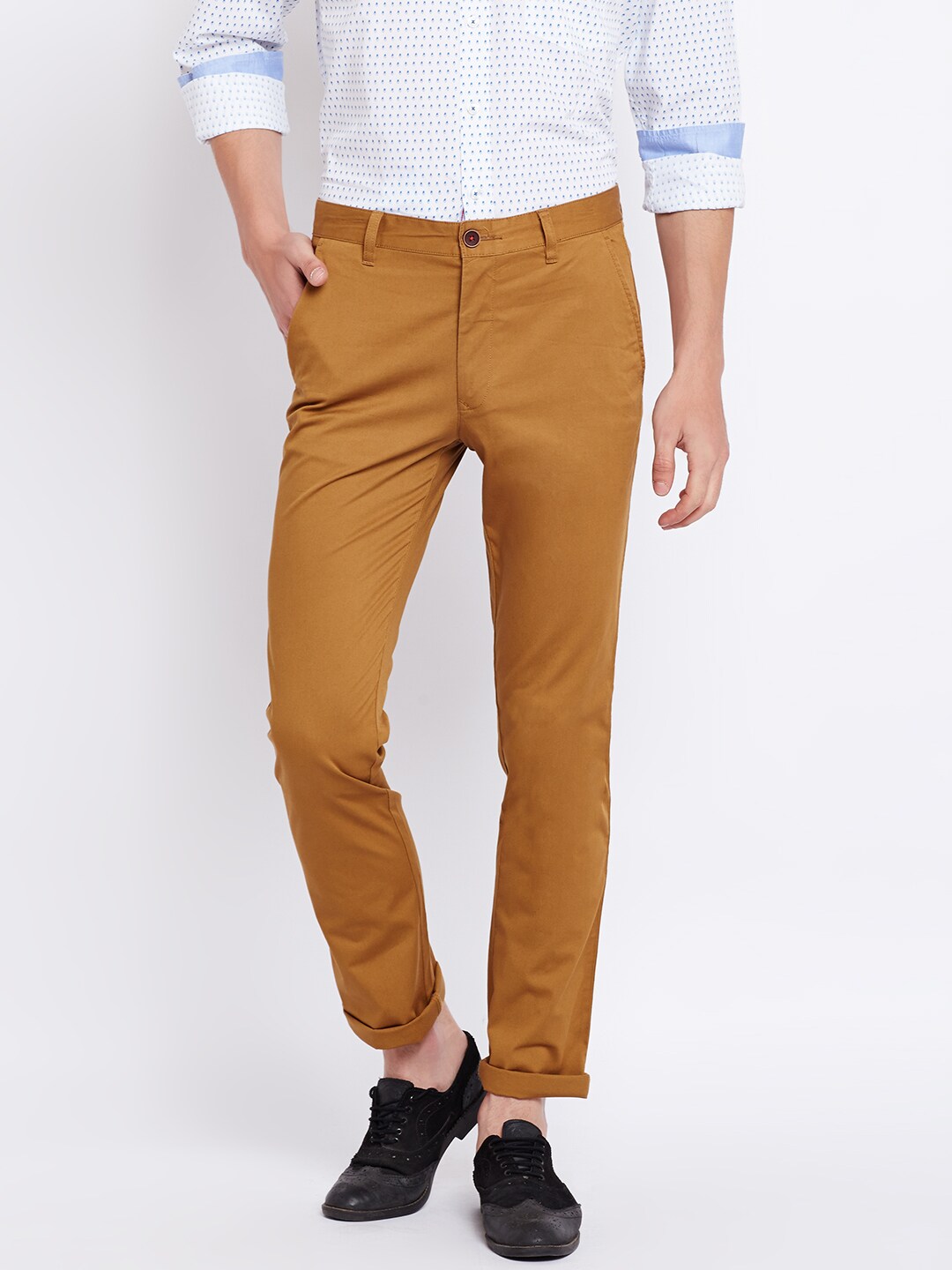 Wills Lifestyle Men Mustard Brown Slim Fit Solid Trousers