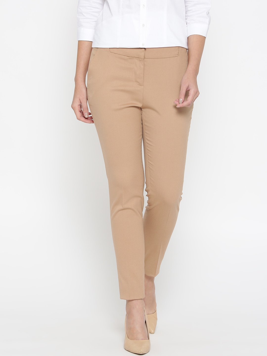 Wills Lifestyle Women Beige Slim Fit Solid Formal Trousers