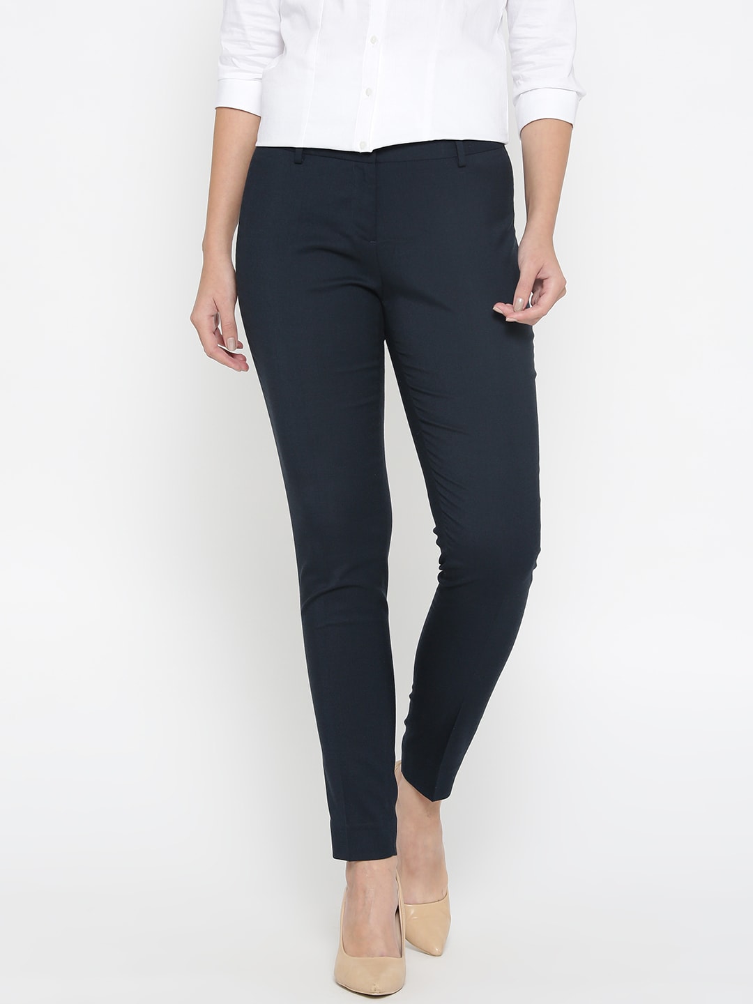 Wills Lifestyle Women Navy Blue Slim Fit Solid Formal Trousers