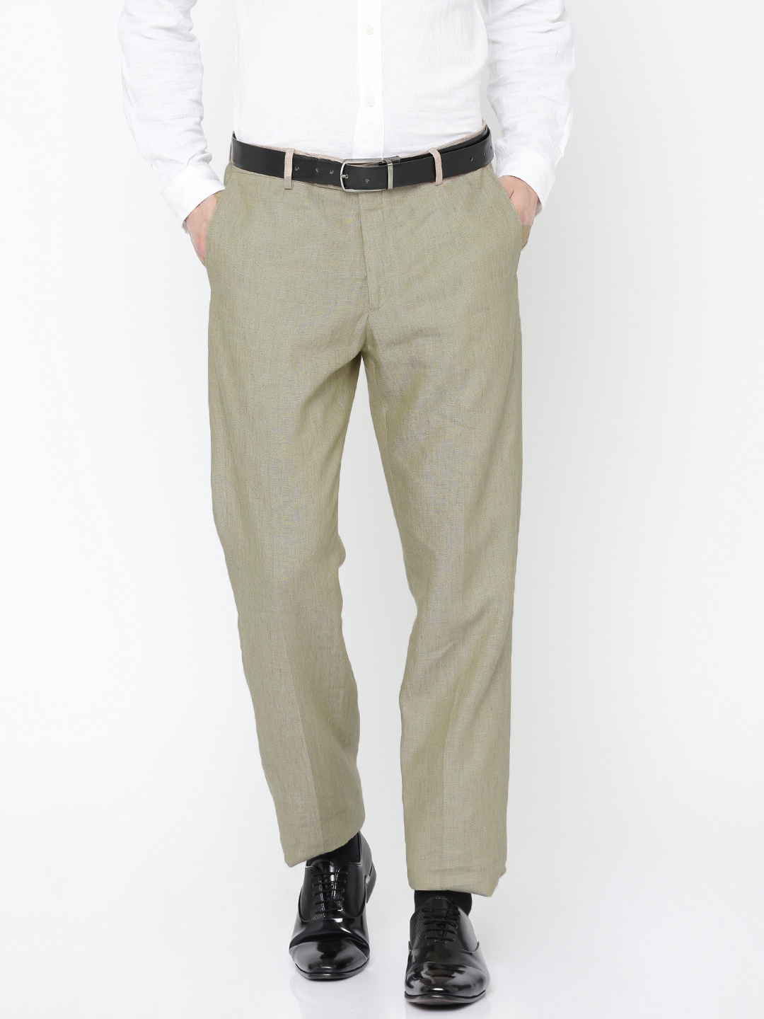 Wills Lifestyle Men Beige Linen Slim Fit Solid Formal Trousers