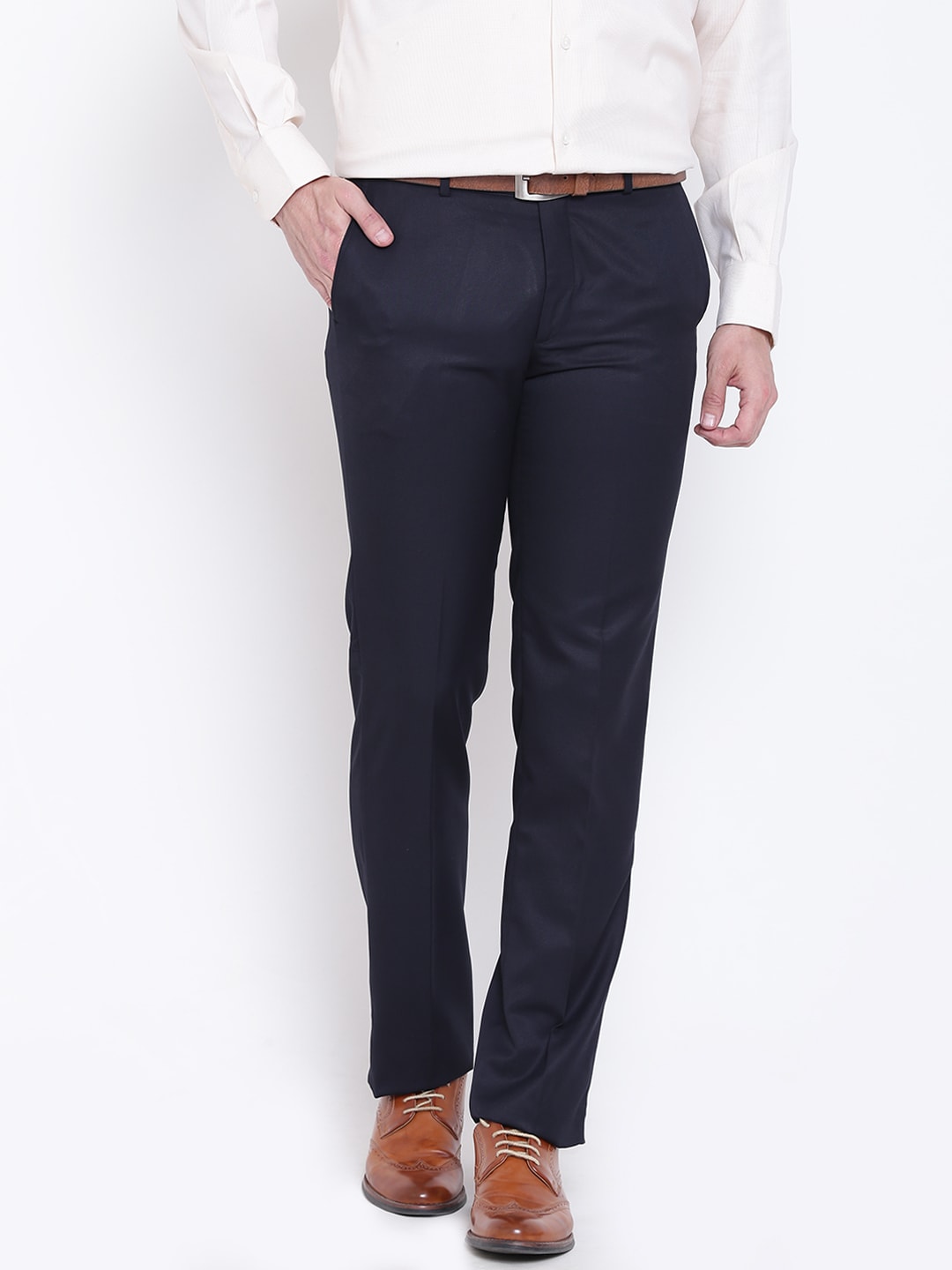 Wills Lifestyle Men Navy Slim Fit Solid Formal Trousers