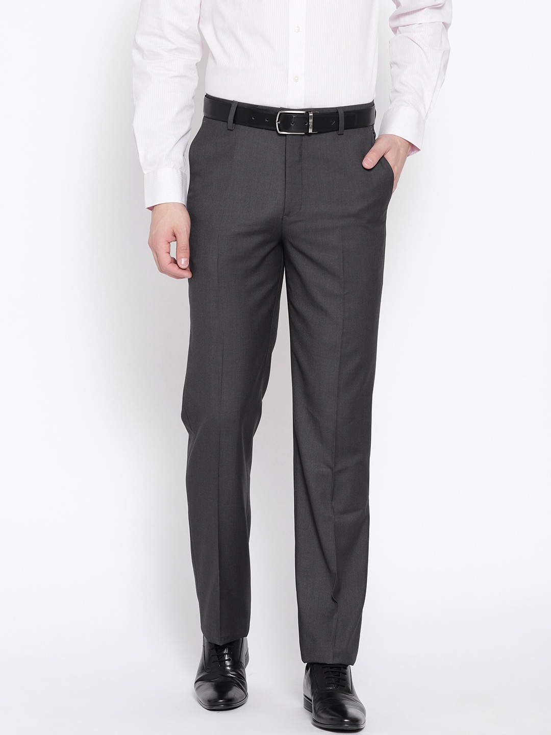 Wills Lifestyle Men Charcoal Grey Regular Fit Solid Formal Trousers