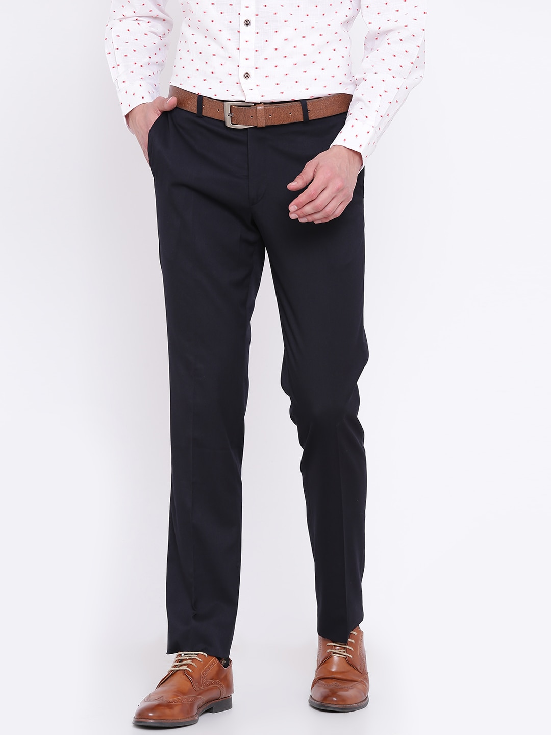 Wills Lifestyle Men Navy Blue Slim Fit Solid Formal Trousers