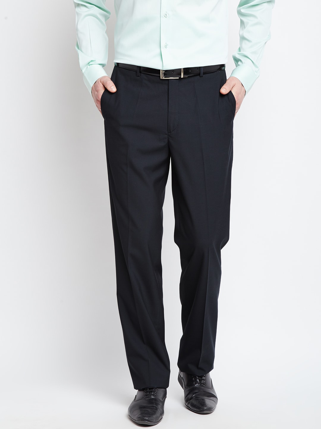 Wills Lifestyle Men Navy Blue Regular Fit Solid Formal Trousers