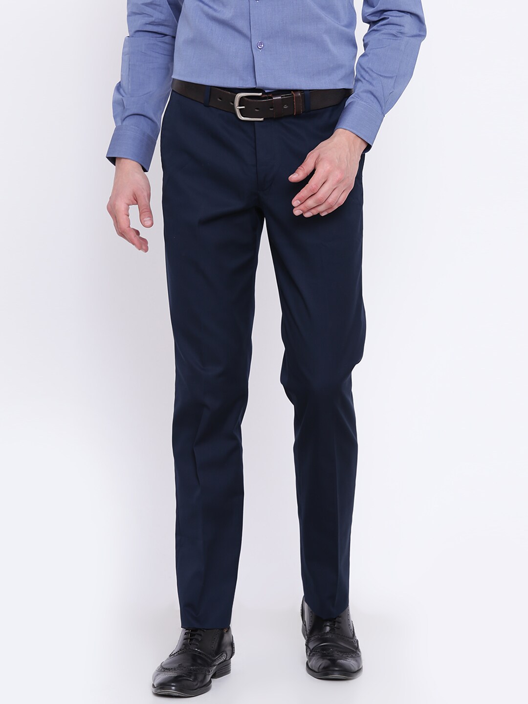 Wills Lifestyle Men Navy Blue Slim Fit Solid Formal Trousers