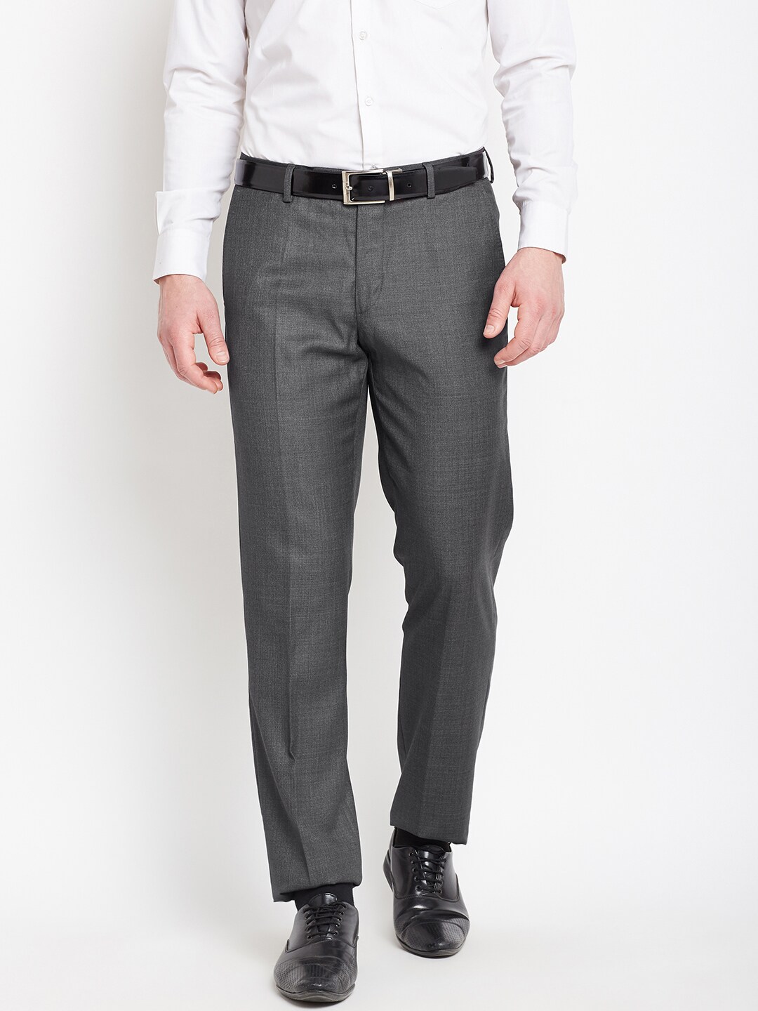 Wills Lifestyle Men Charcoal Grey Slim Fit Solid Formal Trousers