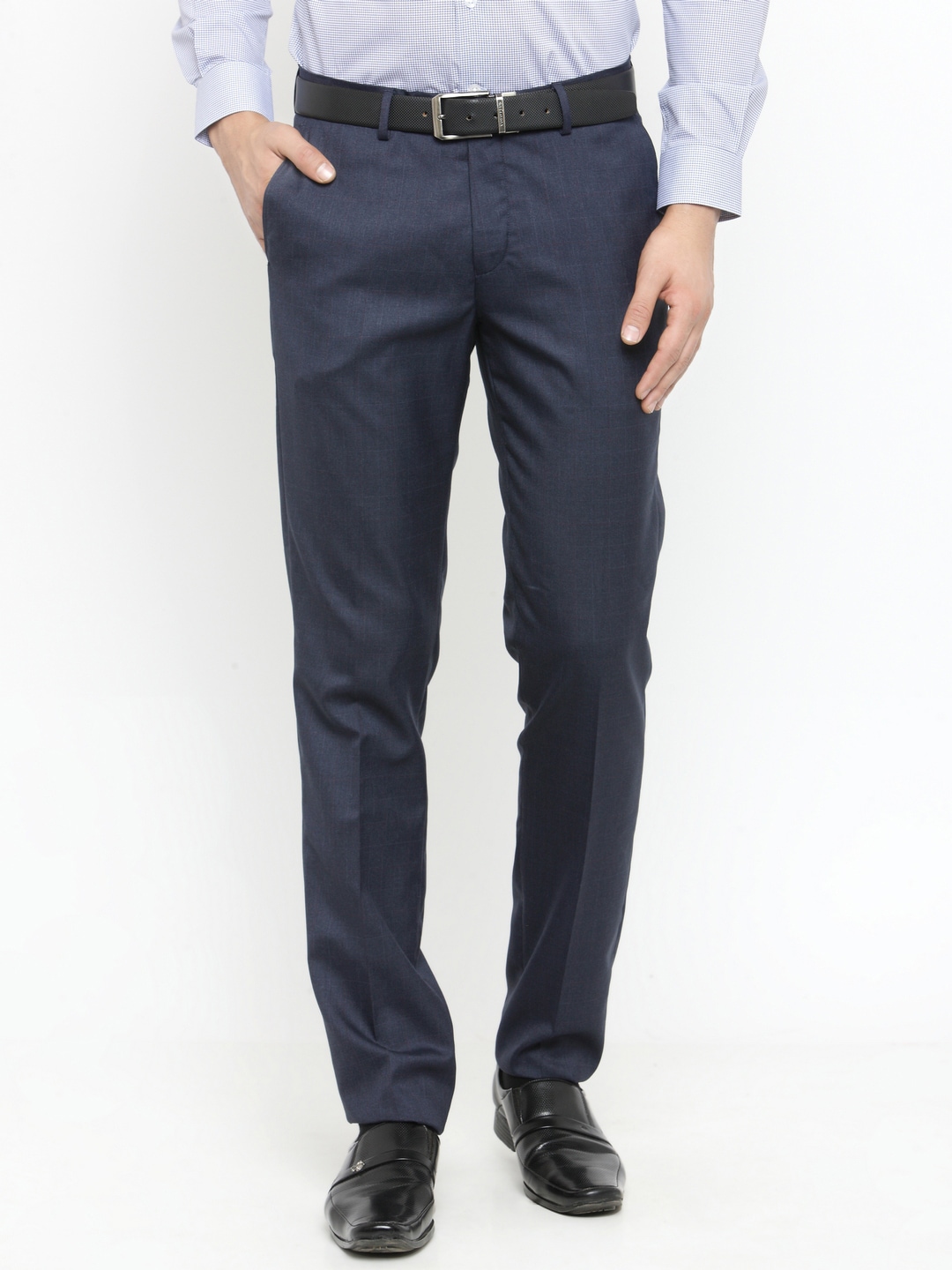 Wills Lifestyle Men Navy Blue Skinny Fit Solid Formal Trousers