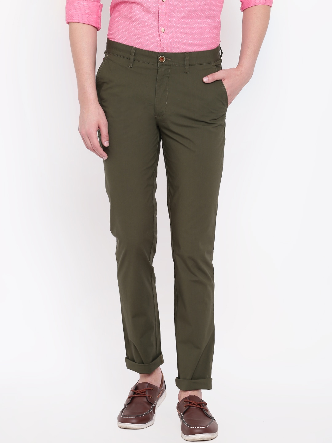 Wills Lifestyle Men Olive Green Slim Fit Solid Regular Trousers